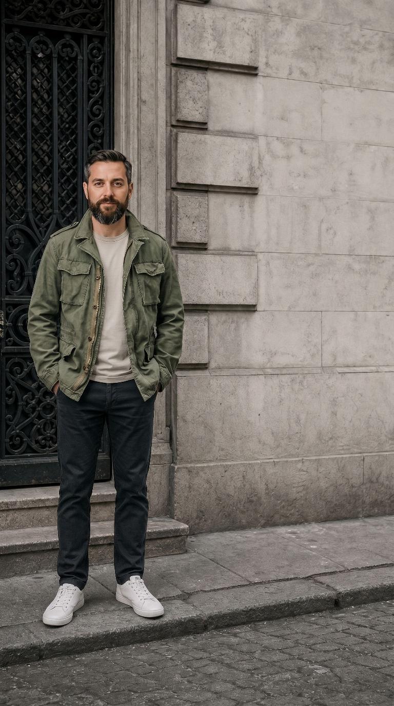 The same green field jacket, shot in the Parisian doorstep scene
