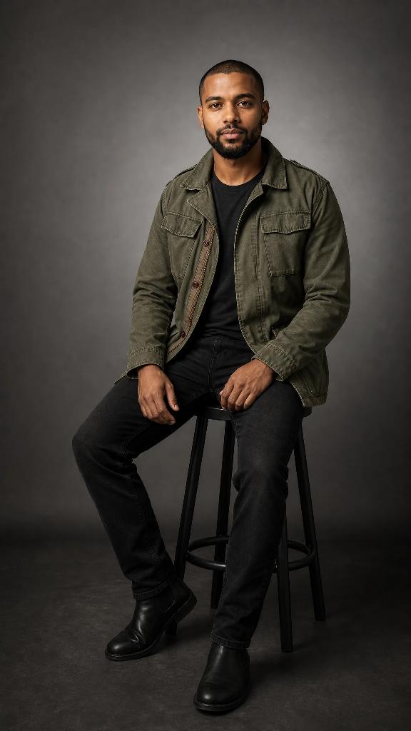 Generated campaign shot: the same jacket on the same model