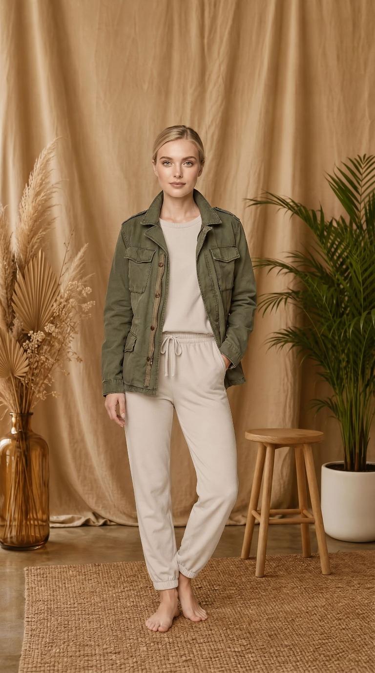 The same green field jacket, shot in the Draped bohemian studio scene
