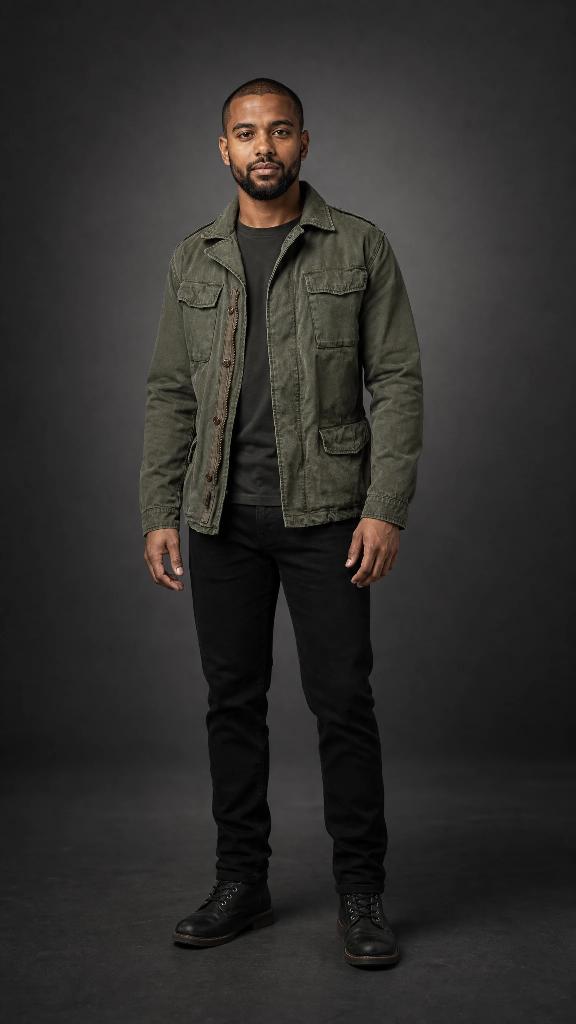 The same green field jacket, shot in the Graduated portrait studio scene