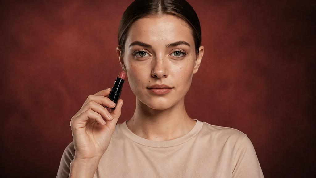 Lipstick with a model in the Oxblood wall studio scene, wide photo