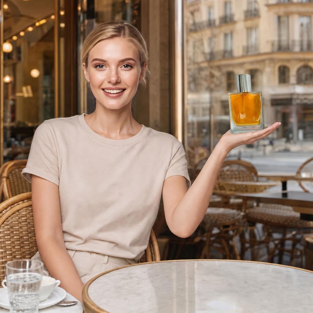 The same model smiling in another café shot