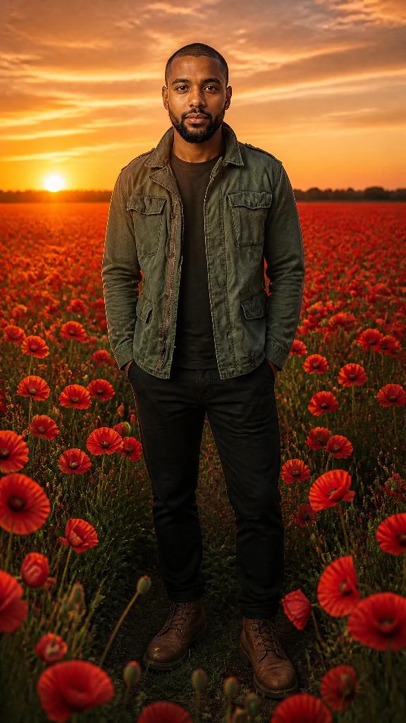 The same green field jacket, shot in the Poppy field at sunset scene