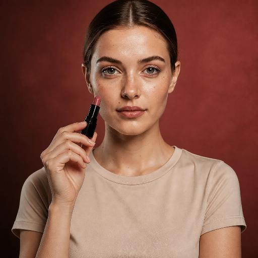 Lipstick with a model in the Oxblood wall studio scene, square photo