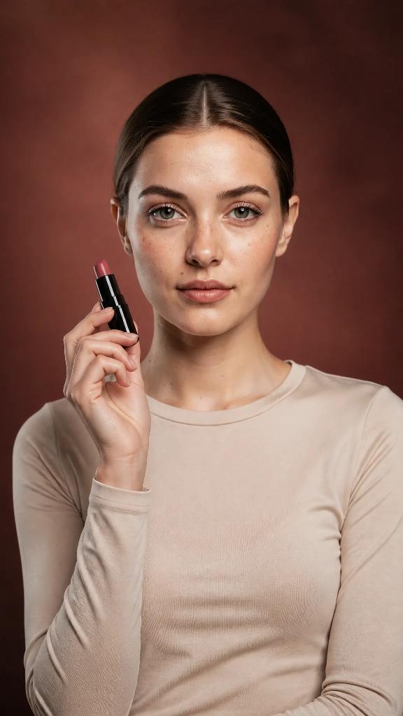 Lipstick with a model in the Oxblood wall studio scene, vertical photo