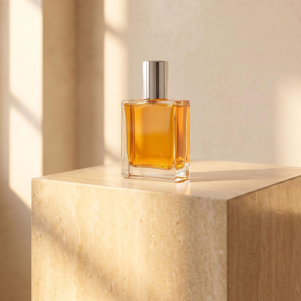 Generated shot: the real perfume bottle on a travertine plinth