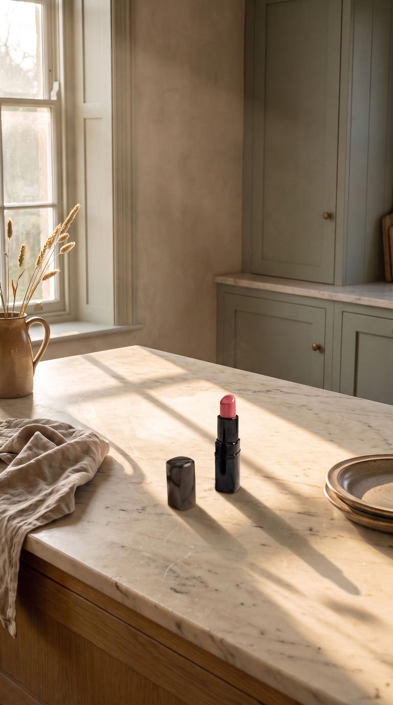 Story photo: the lipstick and its cap on a sunlit marble counter