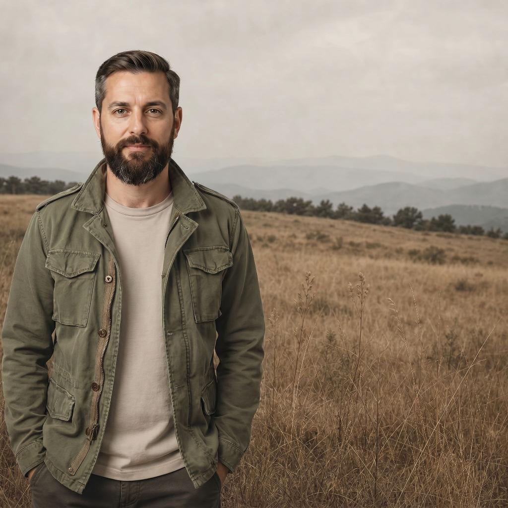 The same green field jacket, shot in the Windswept dry grassland scene