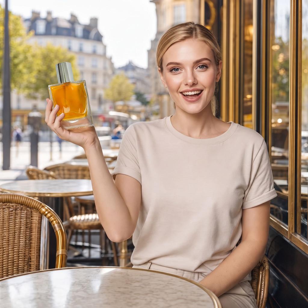 The same model laughing at a café