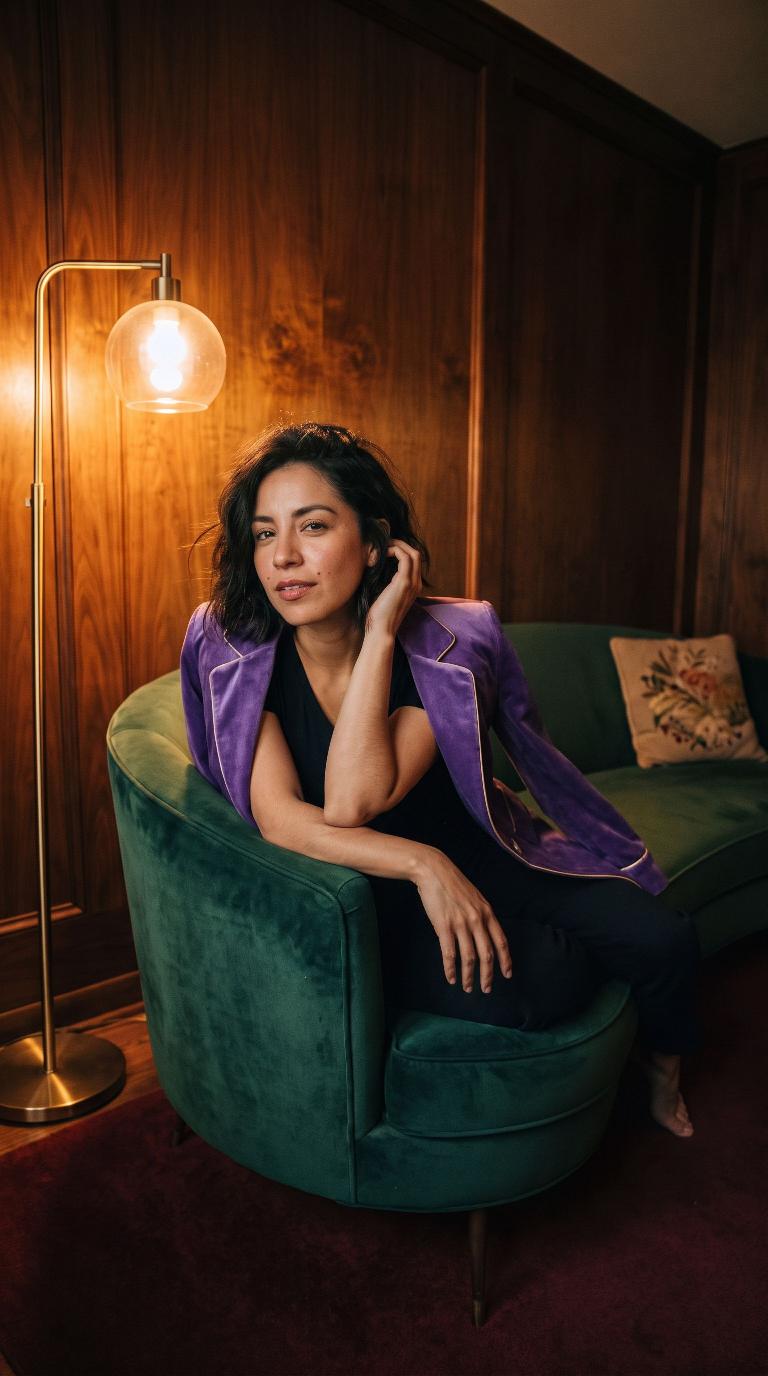 The velvet blazer in a wood-panelled lounge, one model