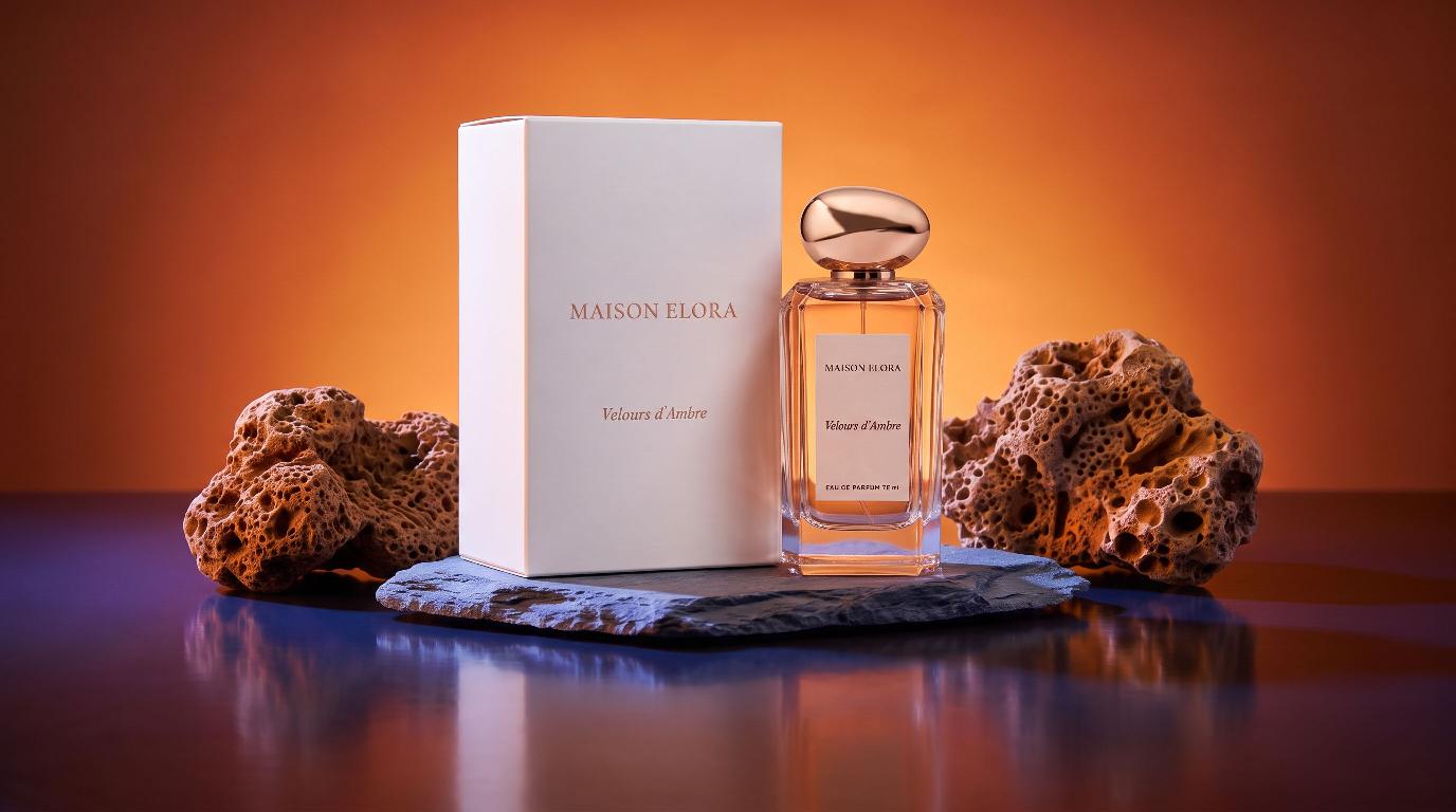 Generated shot: the real perfume bottle and its box on a slate stone between sea rocks