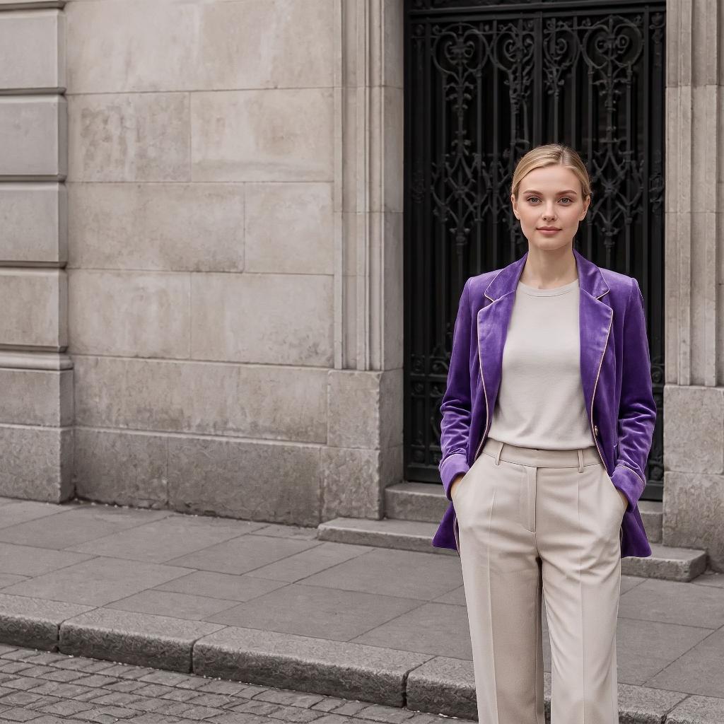 On-brand photo: Velvet blazer on the brand model