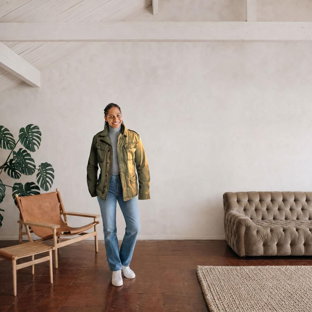 The same green field jacket, shot in the Lime-washed loft lounge scene