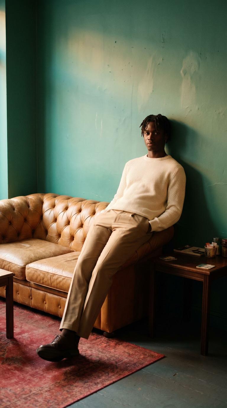 Scene: Teal wall, tan leather couch